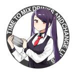  1girl bartender catchphrase cocktail_shaker english_commentary english_text jill_stingray junsuina_fujunbutsu long_hair necktie purple_hair red_eyes red_neckwear solo twintails va-11_hall-a white_background 