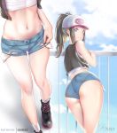  1girl artist_name ass bare_shoulders baseball_cap blue_eyes blue_sky brown_hair close-up cloud day half-closed_eyes hat highres knsei looking_at_viewer looking_back midriff navel pokemon pokemon_(game) pokemon_bw ponytail railing short_shorts shorts sky smile solo stomach touko_(pokemon) vest 