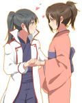  2girls azuma_yukihiko black_hair blush brown_eyes brown_hair eyepatch gintama heart high_ponytail holding_hands japanese_clothes kimono long_hair long_sleeves looking_at_another multiple_girls ponytail shimura_tae simple_background smile white_background yagyuu_kyuubei yuri 