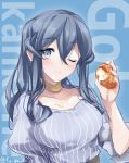  1girl ;) blue_eyes blue_hair blue_shirt breasts character_name copyright_name eyebrows_visible_through_hair food fujisaki_rei gotland_(kantai_collection) hair_between_eyes highres holding holding_food kantai_collection large_breasts long_hair looking_at_viewer mole mole_under_eye one_eye_closed ribbed_shirt shirt sidelocks smile solo upper_teeth 