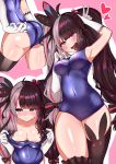  1girl ahoge areola_slip areolae armpits ass bangs bare_shoulders black_bow black_legwear blush bow breasts closed_mouth collarbone eyebrows_visible_through_hair gloves hair_ribbon karin_(a62826704) large_breasts long_hair looking_at_viewer multicolored_hair multiple_views new_school_swimsuit nijisanji nipples one-piece_swimsuit open_mouth pulled_by_self red_eyes red_hair ribbon school_swimsuit shiny shiny_clothes smile stomach swimsuit thick_thighs thighs tongue twintails two-tone_hair underboob virtual_youtuber white_gloves yorumi_rena 