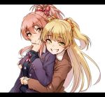  2girls bangs blazer blonde_hair breast_grab breasts eyebrows_visible_through_hair grabbing green_eyes grin hug idolmaster idolmaster_cinderella_girls jacket jougasaki_mika jougasaki_rika kakaobataa long_hair looking_at_viewer multiple_girls pink_hair ponytail school_uniform siblings simple_background sisters sleeves_past_wrists smile two_side_up white_background yellow_eyes yuri 