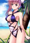  1girl absurdres against_tree asymmetrical_hair bangs beach blue_eyes blue_ribbon blue_swimsuit breasts casual_one-piece_swimsuit cleavage closed_mouth cloud collarbone covered_nipples criss-cross_halter day eyebrows_visible_through_hair fate/grand_order fate_(series) hair_between_eyes hair_bun hair_ribbon halterneck highres long_hair miyamoto_musashi_(fate/grand_order) miyamoto_musashi_(swimsuit_berserker)_(fate) ocean one-piece_swimsuit outdoors palm_tree pink_hair ribbon sawwei005 side-tie_swimsuit smile solo swimsuit tree 
