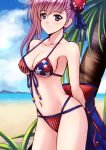  1girl absurdres against_tree arms_behind_back asymmetrical_hair bangs beach blue_eyes blue_ribbon blue_swimsuit breasts casual_one-piece_swimsuit cleavage closed_mouth cloud collarbone covered_nipples criss-cross_halter day eyebrows_visible_through_hair fate/grand_order fate_(series) hair_between_eyes hair_bun hair_ribbon halterneck highres long_hair miyamoto_musashi_(fate/grand_order) miyamoto_musashi_(swimsuit_berserker)_(fate) ocean one-piece_swimsuit outdoors palm_tree pink_hair ribbon sawwei005 side-tie_swimsuit smile solo swimsuit tree 