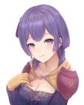  1girl bernadetta_von_varley breasts cleavage collarbone dress earrings fire_emblem fire_emblem:_three_houses gloves hair_ornament hand_on_own_chest jewelry leonmandala lips long_sleeves looking_at_viewer medium_breasts orange_gloves purple_eyes purple_hair short_hair simple_background solo upper_body white_background 