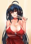  1girl ahoge alcohol arm_under_breasts artist_name azur_lane bangs bare_shoulders black_hair breast_lift breasts champagne champagne_flute choker cleavage cocktail_dress collarbone cup dress drinking_glass eyebrows_visible_through_hair gradient gradient_background hair_between_eyes hair_ornament head_tilt holding holding_cup huge_breasts long_hair looking_at_viewer naughty_face pouring pouring_onto_self qblade raised_eyebrow red_choker red_dress red_eyes smirk solo taihou_(azur_lane) taihou_(forbidden_feast)_(azur_lane) teeth two_side_up very_long_hair 