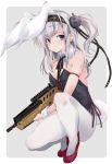  1girl anchor anchor_symbol animal_ears assault_rifle bangs black_headband black_neckwear blush breasts bullpup bunny_ears bunny_girl bunny_tail bunnysuit closed_mouth clothes_writing eyebrows_visible_through_hair fake_animal_ears flats full_body grey_background gun hachimaki hair_ornament headband holding holding_gun holding_weapon imi_tavor_tar-21 kantai_collection leotard long_hair one_side_up pantyhose red_neckwear ribbon rifle silver_hair simple_background solo suzutsuki_(kantai_collection) tail weapon white_legwear wrist_cuffs yumesato_makura 