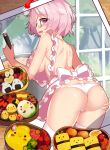  1girl apron ass bare_back blush bow breasts cooking fate/grand_order fate_(series) frilled_apron frills from_behind glasses highres ladle large_breasts lavender_hair leaning_forward looking_at_viewer looking_back mash_kyrielight nearly_naked_apron obentou open_mouth panties photo_(object) pin pot purple_eyes sideboob solo thighhighs underwear white_apron white_bow white_legwear white_panties window yuruto 