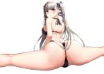  1girl ass azur_lane back bangs bare_shoulders beach bikini black_bikini blush breasts dress eyebrows_visible_through_hair formidable_(azur_lane) frilled_dress frills from_behind greem_bang grey_hair hair_ribbon highres large_breasts long_hair looking_at_viewer looking_back red_eyes ribbon simple_background solo split spread_legs swimsuit thighs twintails very_long_hair white_background 