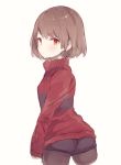 1girl androgynous ass blush breasts brown_hair chara_(undertale) closed_mouth commentary_request heart jewelry long_sleeves looking_at_viewer necklace oshiruko_(tsume) pantyhose red_eyes shirt short_hair shorts simple_background smile solo striped striped_shirt striped_sweater sweater undertale white_background 