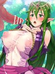  1boy 1girl bar_censor blush boris_(noborhys) breasts censored covered_navel cum cum_on_clothes day dress ejaculation elbow_gloves fire_emblem fire_emblem:_new_mystery_of_the_emblem fire_emblem:_shadow_dragon fire_emblem_heroes gloves green_eyes green_hair hair_between_eyes hands_on_own_chest hetero highres jewelry large_breasts long_hair nagi_(fire_emblem) necklace nipples open_mouth outdoors pearl_necklace penis pointy_ears purple_gloves see-through solo_focus tiara upper_body 