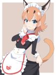  1girl :3 alternate_costume animal_ear_fluff apron black_dress black_hair blue_eyes bow bowtie caracal_(kemono_friends) caracal_ears caracal_girl caracal_tail commentary cowboy_shot dress dress_lift enmaided extra_ears eyebrows_visible_through_hair hand_on_own_face ilyfon133 kemono_friends kemono_friends_3 long_hair long_sleeves maid maid_apron maid_dress maid_headdress multicolored_hair orange_hair red_neckwear sidelocks sleeve_cuffs smile solo 