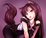  1girl animal_ear_fluff animal_ears bangs bare_shoulders bent_over black_overalls blush brooch brown_hair collarbone commentary_request cowboy_shot eyebrows_visible_through_hair fangs head_tilt imaizumi_kagerou jewelry long_hair looking_at_viewer off-shoulder_shirt off_shoulder overalls purple_background red_eyes shimizu_pem shirt simple_background solo tail tongue tongue_out touhou white_shirt wolf_ears wolf_tail 