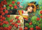  1girl afloat animal black_hair black_kimono bow brown_eyes camellia comb commentary_request crying crying_with_eyes_open fine_art_parody fish flower flower_on_liquid hair_ornament hair_stick half-closed_eyes highres japanese_clothes kanzashi kimono koi layered_clothing layered_kimono lily_pad looking_at_viewer lying makeup mole mole_under_eye nekozuki_yuki oiran on_back ophelia_(painting) original parody parted_lips partially_submerged petals petals_on_liquid red_flower red_kimono shallow_water short_eyebrows solo tears thick_eyebrows water white_bow 