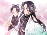  2girls butterfly_hair_ornament cloak hair_ornament haori japanese_clothes kimetsu_no_yaiba kochou_kanae kochou_shinobu multiple_girls purple_butterfly white_cloak 