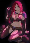  1girl belt black_background blush breasts cleavage fingerless_gloves gloves green_eyes highres katarina_du_couteau large_breasts league_of_legends long_hair looking_at_viewer navel pao_mian+dan red_hair scar scar_across_eye seiza simple_background sitting solo torn_clothes 