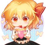  1girl bangs black_skirt black_vest blonde_hair blush bow chibi circle commentary crepe eyebrows_visible_through_hair food frills fruit hair_between_eyes hair_ribbon holding holding_food long_sleeves looking_at_viewer red_eyes red_ribbon ribbon rumia shangguan_feiying shirt short_hair simple_background skirt solo strawberry touhou upper_body vest white_background white_bow white_shirt 