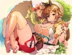  1girl arm_behind_head atelier_(series) atelier_ryza belt breasts bridal_legwear brown_eyes brown_hair cleavage eyebrows_visible_through_hair hair_ornament hairclip hat highres jewelry large_breasts looking_at_viewer naso4 necklace red_shorts reisalin_stout short_hair short_shorts shorts smile solo star star_necklace thighhighs thighs toes white_headwear 