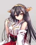  1girl bare_shoulders black_hair breasts brown_eyes clenched_hand detached_sleeves fujisaki_rei grey_background hair_ornament hairclip hand_in_hair haruna_(kantai_collection) headgear highres kantai_collection large_breasts long_hair looking_at_viewer nontraditional_miko red_skirt remodel_(kantai_collection) simple_background skirt smile solo upper_body 