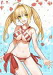  1girl :d absurdres ahoge bangs bikini blonde_hair blue_background bow bracelet breasts cleavage cowboy_shot criss-cross_halter earrings eyebrows_visible_through_hair fate/grand_order fate_(series) floating_hair green_eyes hair_intakes halterneck highres jewelry kmk large_breasts long_hair looking_at_viewer nero_claudius_(fate)_(all) nero_claudius_(swimsuit_caster)_(fate) open_mouth red_bikini red_bow side-tie_bikini smile solo standing striped striped_bikini swimsuit twintails white_background 