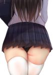  1girl ass ass_focus bag black_panties blue_skirt brown_hair chiyo_(pk19981234) from_behind highres lace lace-trimmed_panties long_hair original panties plaid plaid_skirt pleated_skirt school_bag school_uniform simple_background skirt solo sweater thighhighs thighs underwear walking white_background white_legwear white_sweater 