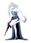  1girl ak-12 ak-12_(girls_frontline) aqua_hair assault_rifle closed_eyes dress girls_frontline gun high_heels highres holding holding_weapon long_hair osakana_(denpa_yun&#039;yun) pale_skin rifle shoes single_shoe sketch solo standing standing_on_one_leg undressing weapon 