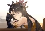 1girl armlet bangs black_hair blush breasts bridal_gauntlets closed_mouth earrings fate/grand_order fate_(series) gem highres hoop_earrings infinity ishtar_(fate/grand_order) jewelry long_hair looking_at_viewer medium_breasts neck_ring parted_bangs red_eyes single_sleeve sitting solo table two_side_up uno_ryoku 