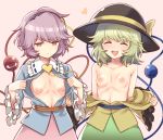 2girls blush breasts breasts_apart brown_eyes closed_eyes closed_mouth collarbone hat heart komeiji_koishi komeiji_satori looking_at_viewer multiple_girls navel nipples no_bra open_clothes open_mouth pink_background purple_hair sagging_breasts shiny shiny_hair shiny_skin short_hair simple_background small_breasts smile teeth touhou undressing upper_body upper_teeth urin 