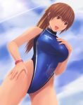  1girl blue_sky blue_swimsuit bracelet breasts cloud commentary_request competition_swimsuit covered_navel cowboy_shot dead_or_alive from_below hand_on_hip highleg highleg_swimsuit jewelry kasumi_(doa) large_breasts lens_flare one-piece_swimsuit open_mouth sky smile solo standing swimsuit turtleneck upper_teeth yoshinobu 