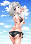  1girl ass bangs bikini black_bikini blue_eyes blue_sky blunt_bangs butt_crack cloud commentary_request cowboy_shot from_behind highres holding holding_hair kaze_makase looking_at_viewer looking_back open_mouth original short_hair side-tie_bikini silver_hair sky solo standing swimsuit 