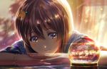  1girl bracelet brown_eyes brown_hair closed_mouth hagiwara_yukiho hair_between_eyes huge_filesize idolmaster idolmaster_(classic) jewelry lens_flare portrait shiny shiny_hair short_hair smile snow_globe solo tomato_(kiiroitomato33) 