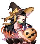  1girl bamboo bangs bit_gag black_hair black_headwear bow brown_bow brown_hair commentary commission dress english_commentary forehead gag hair_ribbon halloween hat hat_bow holding jack-o&#039;-lantern kamado_nezuko kimetsu_no_yaiba long_hair mouth_hold multicolored_hair parted_bangs pink_dress pink_ribbon puffy_short_sleeves puffy_sleeves red_bow red_eyes ribbon short_sleeves simple_background solo sony_kisaragi striped two-tone_hair upper_body vertical-striped_hat vertical_stripes very_long_hair white_background witch_hat 