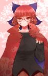  1girl arano_oki bangs bespectacled black_shirt blue_bow blush bow cape collarbone commentary_request eyebrows_visible_through_hair glasses hair_bow hand_up high_collar long_sleeves looking_at_viewer pink_background red-framed_eyewear red_cape red_eyes red_hair red_skirt sekibanki shirt short_hair skirt slit_throat smile solo touhou upper_body 
