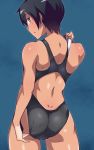  1girl ass back black_hair blue_eyes borrowed_character dark_skin em kuronami_(lvi) looking_at_viewer one-piece_swimsuit one-piece_tan original parted_lips short_hair solo swimsuit tan tanline 