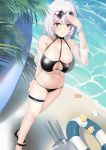  1girl azur_lane bangs beach bikini bird black_bikini black_footwear breasts choker cleavage cola_(884625) crossed_bangs eyewear_on_head from_above heart heart-shaped_eyewear highres innertube large_breasts navel o-ring o-ring_bikini o-ring_top ocean open_toe_shoes palms red_eyes scrunchie seashell shell sirius_(azur_lane) sirius_(midsummer_seirios)_(azur_lane) starfish sunglasses surfboard swimsuit thigh_strap turret white_hair white_scrunchie wrist_scrunchie 