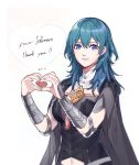  1girl armor black_cape blue_eyes blue_hair byleth_(fire_emblem) byleth_(fire_emblem)_(female) cape clovisxvii fire_emblem fire_emblem:_three_houses followers heart heart_hands highres medium_hair parted_lips simple_background solo upper_body white_background 