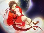  1boy axis_powers_hetalia blush brown_eyes brown_hair china_(hetalia) chinese_clothes closed_mouth cloud earth hangleing highres long_hair long_sleeves looking_at_viewer night night_sky planet ponytail sitting sky smile solo 
