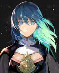  1girl black_background blue_eyes byleth_(fire_emblem) byleth_(fire_emblem)_(female) cape cleavage_cutout closed_mouth commentary detached_collar face fire_emblem fire_emblem:_three_houses garreg_mach_monastery_uniform green_hair hair_between_eyes highres kyufe long_hair looking_at_viewer 