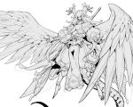 1girl absurdres bangs bare_shoulders barefoot black_nails dragalia_lost dragon fingernails greyscale highres horns japanese_clothes long_hair marishiten_(dragalia_lost) monochrome parted_lips pointy_ears sharp_fingernails simple_background smile solo sword tail very_long_hair weapon weapon_on_back white_background wings xiao_(creation0528) 