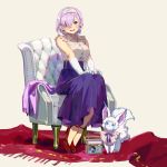  1girl animal breasts carpet chair collared_shirt creature earrings fate/grand_order fate_(series) fou_(fate/grand_order) frilled_shirt frills gloves hair_between_eyes hair_over_one_eye high_heels highres jewelry looking_at_viewer mash_kyrielight medium_breasts necklace open_mouth pearl_necklace purple_eyes purple_hair purple_skirt red_footwear shirt shirt_tucked_in short_hair simple_background sitting skirt sleeveless smile solo tamomoko white_background white_gloves white_shirt 
