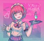  1girl ;d android artist_name bow bowtie commentary copyright_name dorothy_haze hairband kky one_eye_closed open_mouth pink_background pixel_heart purple_background red_eyes red_hair short_hair smile solo tray two-tone_background upper_body va-11_hall-a 