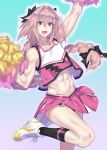  1boy abs arm_up armpits astolfo_(fate) black_legwear braid cheering cheerleader crop_top crop_top_overhang crossdressing fang fate/apocrypha fate_(series) hair_intakes highres long_braid long_hair male_focus midriff miniskirt mizuumi_(bb) multicolored_hair navel open_mouth otoko_no_ko pink_hair pleated_skirt pom_poms purple_eyes shirt single_braid skin_fang skirt sleeveless sleeveless_shirt smile streaked_hair white_hair 