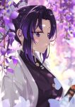  1girl bangs black_hair black_jacket blurry blurry_background blurry_foreground breasts bug butterfly butterfly_hair_ornament closed_mouth commentary_request depth_of_field flower gradient_hair hair_ornament highres hikashou insect jacket katana kimetsu_no_yaiba kochou_shinobu looking_away multicolored_hair open_clothes parted_bangs purple_eyes purple_flower purple_hair small_breasts solo sword upper_body weapon wisteria 