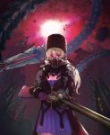  1girl bangs blonde_hair breasts code_vein commentary_request face_mask fur_hat gloves gun hair_between_eyes hat highres holding holding_gun holding_weapon long_coat long_hair long_sleeves looking_at_viewer mask mia_karnstein outdoors papakha pink_gloves pinsket red_eyes rifle small_breasts solo tail weapon 
