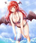  &gt;:) 1girl absurdres alternate_costume ball bat_wings bikini black_bikini blush breasts cloud collarbone commentary_request eyebrows_visible_through_hair fangs fangs_out fingernails gumi_(fwjn7284) head_wings highres koakuma leaning_forward lens_flare long_hair looking_at_viewer low_wings medium_breasts nail_polish navel outdoors pointy_ears red_eyes red_hair sharp_fingernails sky smile solo swimsuit touhou very_long_hair wading water wings 