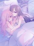  2girls akemi_homura bed black_hair eyebrows_visible_through_hair hair_down hairband kaname_madoka long_hair looking_at_another mahou_shoujo_madoka_magica multiple_girls on_bed pillow pink_eyes pink_hair purple_eyes purple_hairband smile white_pillow yamada_ako yuri 