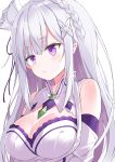  1girl bangs bare_shoulders blush braid breasts cleavage commentary_request detached_sleeves dress elf emilia_(re:zero) eyebrows_visible_through_hair flower hair_flower hair_ornament hair_ribbon highres kuhotaka large_breasts long_hair pointy_ears purple_eyes re:zero_kara_hajimeru_isekai_seikatsu ribbon silver_hair simple_background solo upper_body white_background 