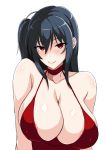  1girl ahoge areola_slip areolae azur_lane bangs bare_shoulders black_hair blush breasts choker cleavage closed_mouth cocktail_dress collarbone covered_nipples dress hair_between_eyes large_breasts long_hair looking_at_viewer red_choker red_dress red_eyes simple_background smile solo taihou_(azur_lane) taihou_(forbidden_feast)_(azur_lane) tawashi1623 white_background 