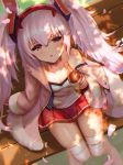  1girl :o animal_ears azur_lane bangs blouse bottle breasts bunny_ears cherry_blossoms cleavage commentary day dolce_(dolsuke) drunk eyebrows_visible_through_hair fake_animal_ears falling_petals from_above hair_between_eyes hairband highres holding holding_bottle jacket laffey_(azur_lane) lavender_hair long_hair looking_at_viewer looking_up narrowed_eyes off_shoulder open_mouth outdoors pleated_skirt red_eyes red_skirt sidelocks skirt sleepy small_breasts solo strap_slip thighhighs thighs tree_shade twintails white_legwear 