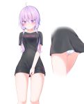  1girl alternate_costume ass ass_visible_through_thighs black_shirt blush breasts character_name commentary highres menbou_(menbow3v) multiple_views no_pants panties pantyshot pantyshot_(standing) purple_eyes purple_hair shirt shirt_tug short_hair_with_long_locks sidelocks simple_background small_breasts standing thighs underwear vocaloid voiceroid white_background white_panties yuzuki_yukari 